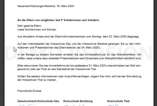 Absage Elterninformationsanlass Sek P